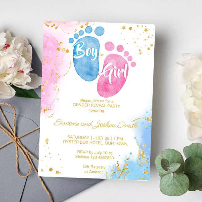 Baby feet boy or girl pink blue gender reveal  invitation (Pink and blue baby feet gender reveal invitation template boy or girl he or she gold glitter invite)