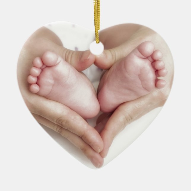 Baby feet in mother hands ceramic tree decoration (Front)
