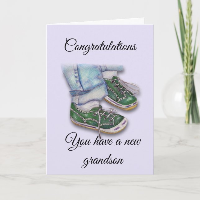 Baby Feet in Sneakers, New Grandson Card (Front)