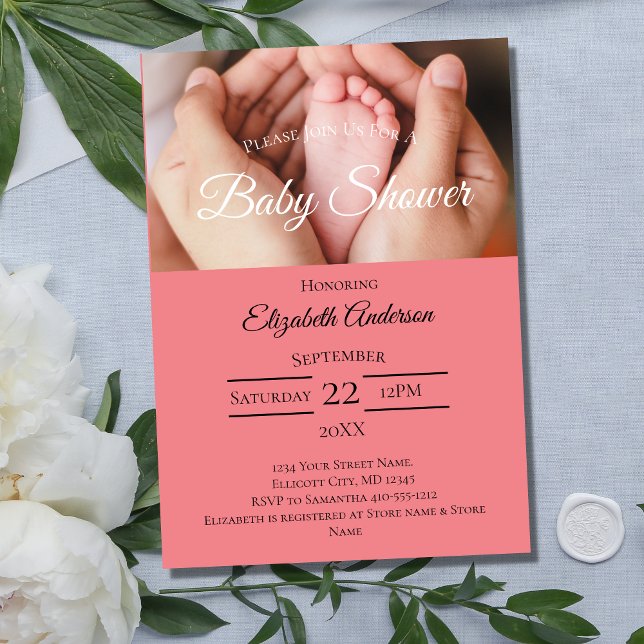 Baby Feet Photo Black White Pink Girl Baby Shower Invitation (Creator Uploaded)