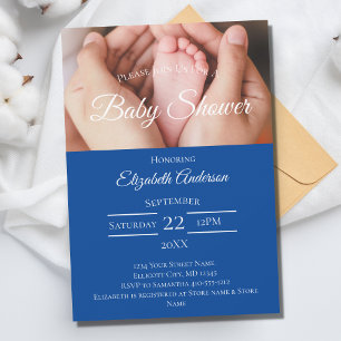 Baby Feet Photo Blue White Boy Baby Shower  Invitation