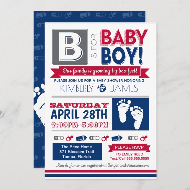 Baby Feet Poster Style Boy Shower Invitation 2 (Front/Back)
