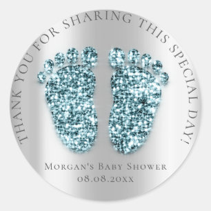 Baby Feet Shower Favour Thank Glitter Teal Silver Classic Round Sticker