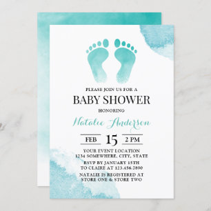 Baby Feet Watercolor Turquoise Baby Shower Invitation