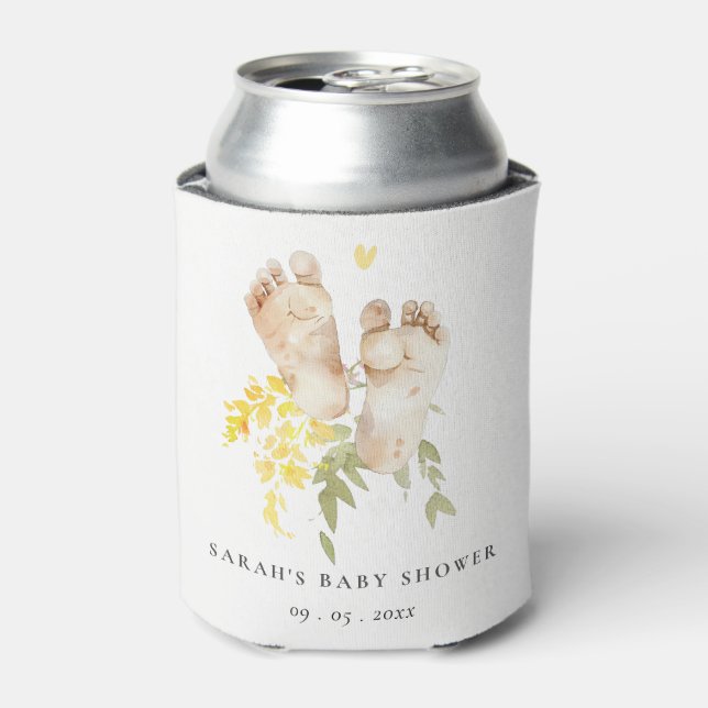 Baby Feet Yellow Floral Gender Neutral Baby Shower Can Cooler (Can Front)