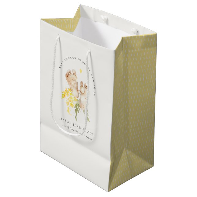 Baby Feet Yellow Floral Gender Neutral Baby Shower Medium Gift Bag (Front Angled)