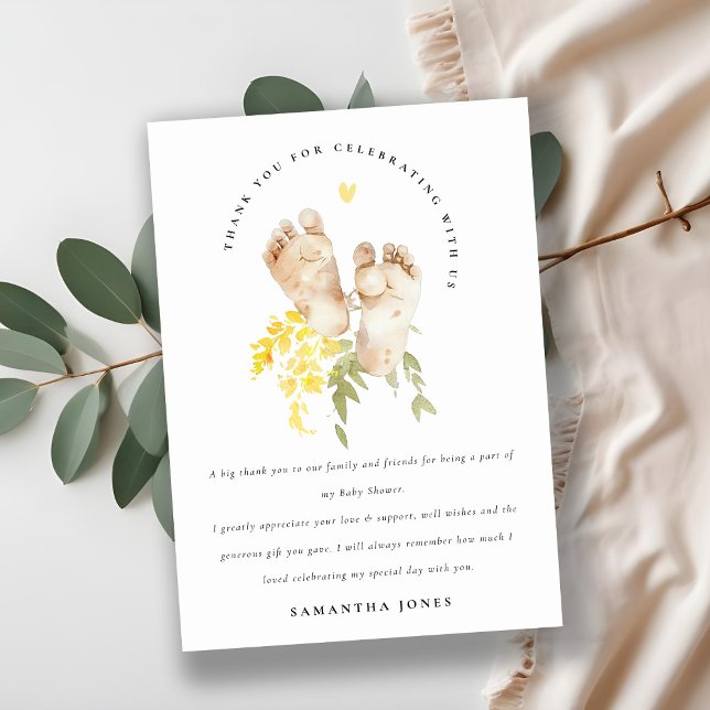 Baby Feet Yellow Floral Gender Neutral Baby Shower Thank You Card (Creator Uploaded)
