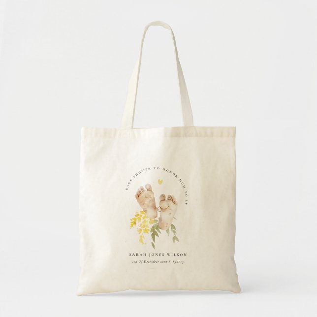 Baby Feet Yellow Floral Gender Neutral Baby Shower Tote Bag (Front)
