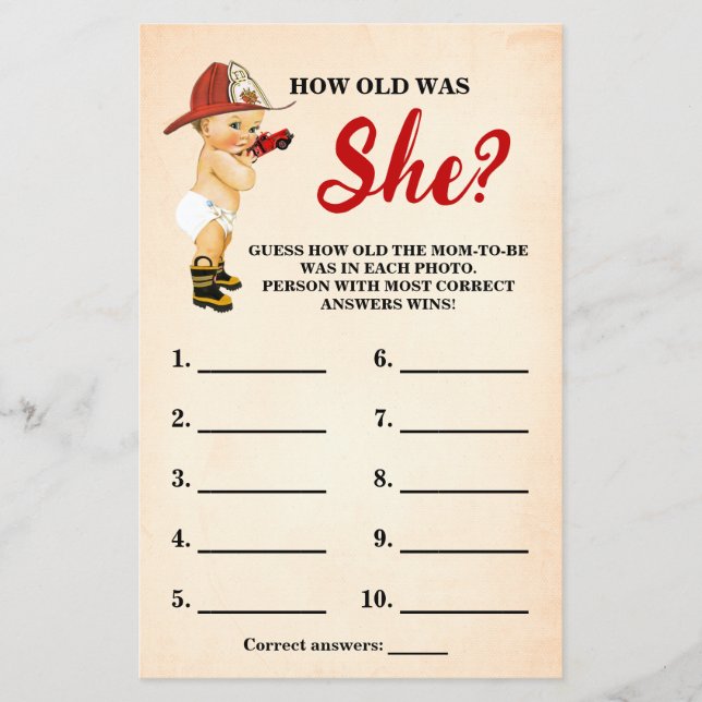 Baby Firefighter How old Mom Baby Shower Game Card (Front)