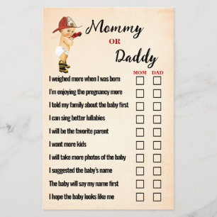 Baby Firefighter Mum or Dad Baby Shower Game Card