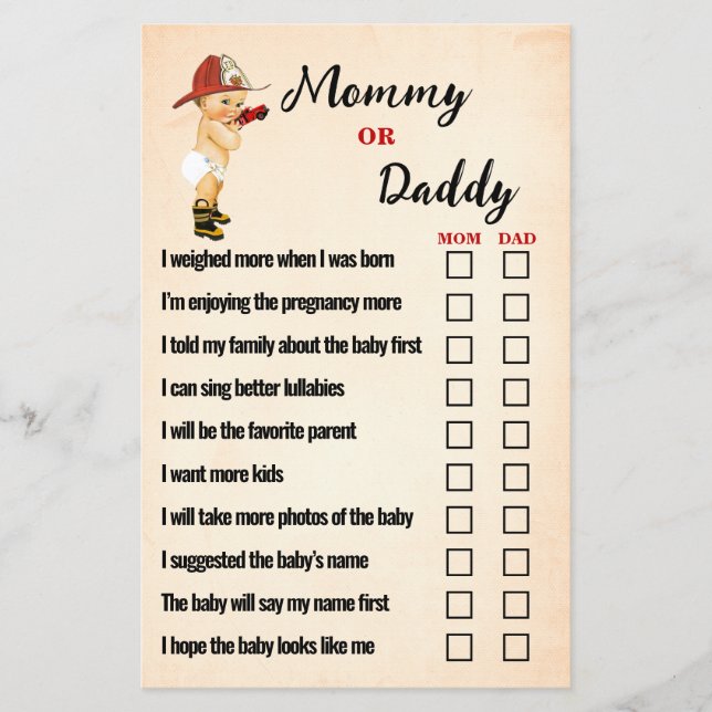 Baby Firefighter Mum or Dad Baby Shower Game Card (Front)