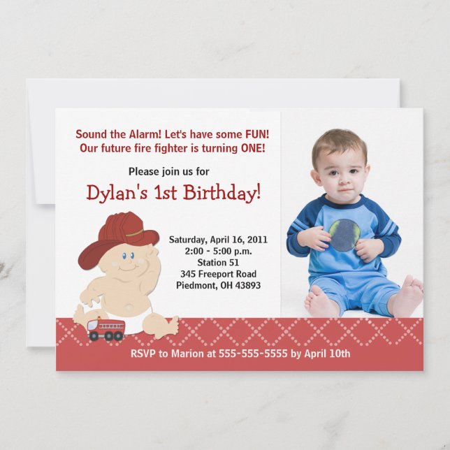 Baby Firefighter Photo Birthday Invitation Any age (Front)
