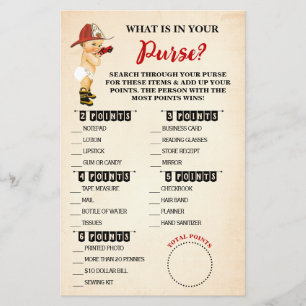 Baby Firefighter What is in your Purse Shower Card