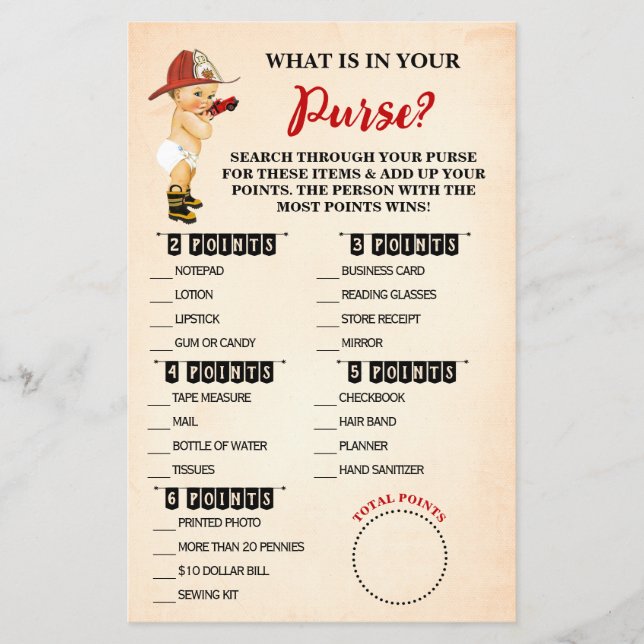 Baby Firefighter What is in your Purse Shower Card (Front)