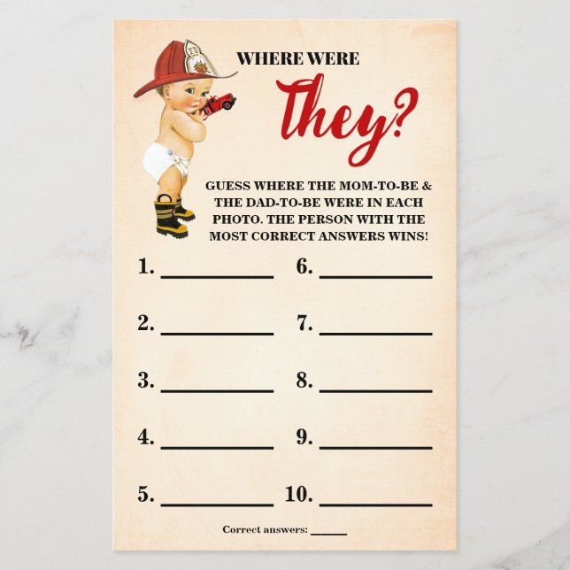 Baby Firefighter Where were They Shower Game Card (Front)