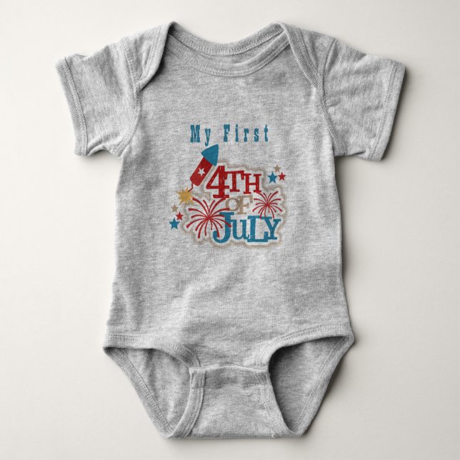 Baby First 4th of July Light Grey One Piece Baby Bodysuit (Front)