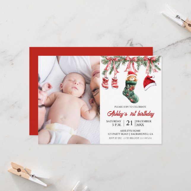 Baby first birthday Christmas themed Invitation (Front/Back In Situ)