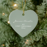 Baby First Christmas 2024 Personalised Sage Photo Ceramic Ornament<br><div class="desc">Remember your baby's first Christmas with this modern minimalist typography ornament in sage green,  personalised with your child's name and photo. Great gift idea.</div>