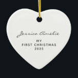 Baby First Christmas 2024 Personalised White Photo Ceramic Ornament<br><div class="desc">Celebrate your baby's first Christmas with this heart shaped modern minimalist typography ornament in classic white, personalised with your child's name and photo. Perfect for commemorating this special milestone, this custom ornament makes a thoughtful keepsake and a great gift idea for new parents. Ideal for those searching for personalised baby’s...</div>