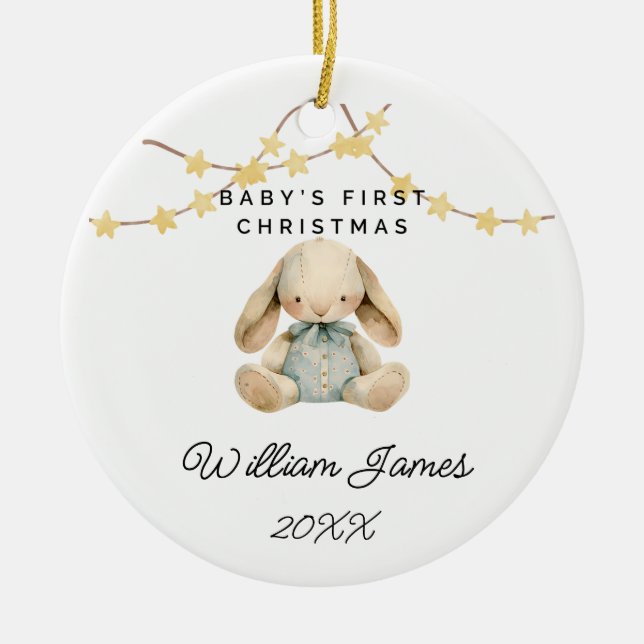 Baby First Christmas Animal Cute Baby Boy Rabbit Ceramic Ornament (Front)