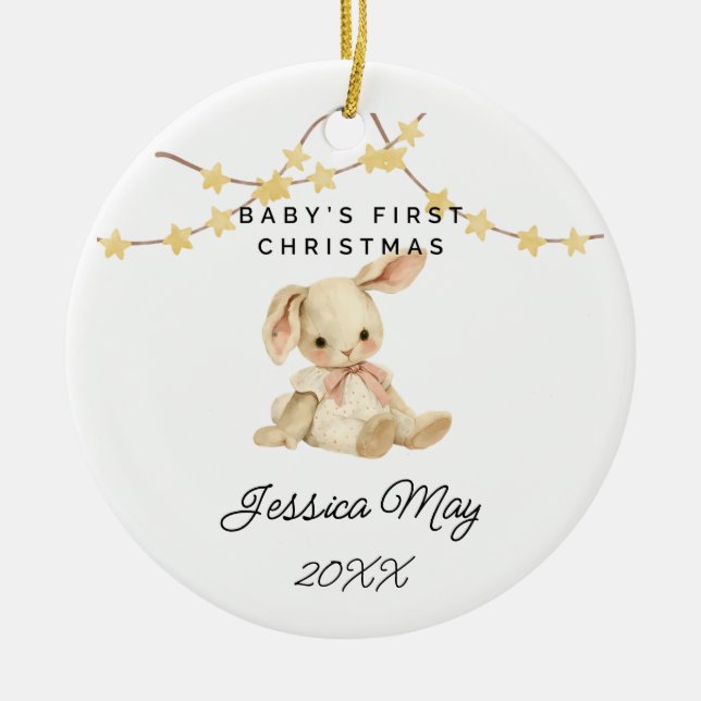 Baby First Christmas Animal Cute Baby Girl Rabbit Ceramic Ornament (Front)