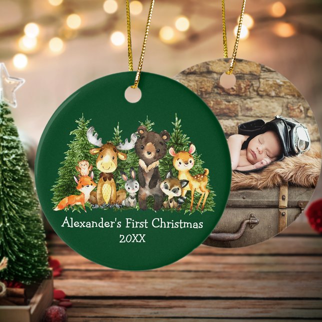 Baby First Christmas Animals Green PHOTO BACK Rd Ceramic Ornament (Customize with name, year and photo on back.)