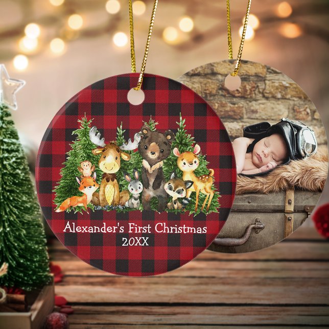 Baby First Christmas Animals Plaid - PHOTO BACK Rd Ceramic Ornament (Customize with name, year and photo on back.)