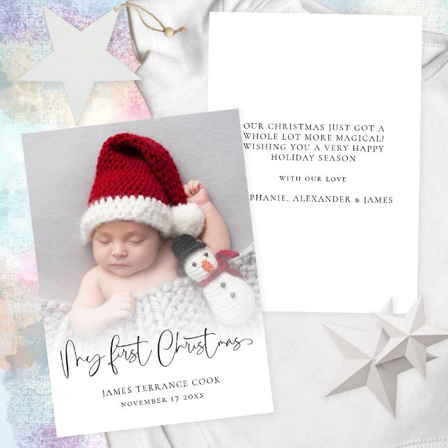 Baby First Christmas Birth Date Photo Overlay  Hol Holiday Card (Front and back view. Available digitally or printed)