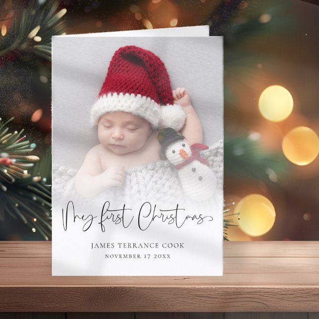 Baby First Christmas Birth Date Photo Text Overlay Holiday Card (Available digitally and printed)