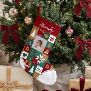 Baby First Christmas Birth Stat Photo & Name Quilt Small Christmas Stocking