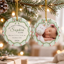 Baby First Christmas Birth Stats Green Floral Rose