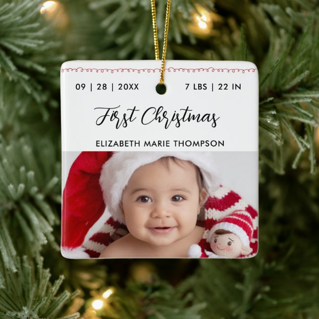 Baby First Christmas Birth Stats Name Calligraphy  Ceramic Ornament (Tree)