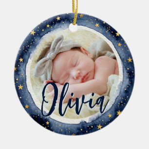 Baby First Christmas Birth Stats Photo Stars Ceramic Ornament
