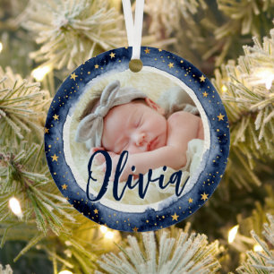 Baby First Christmas Birth Stats Photo Stars Metal Tree Decoration