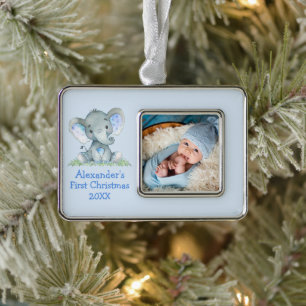 Baby First Christmas Blue Elephant Photo Silver Plated Framed Ornament
