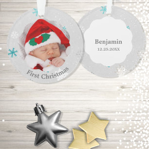 Baby First Christmas Blue Snowflakes Photo Ornament