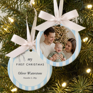 Baby First Christmas Blue Stripe Photo Ceramic Ornament