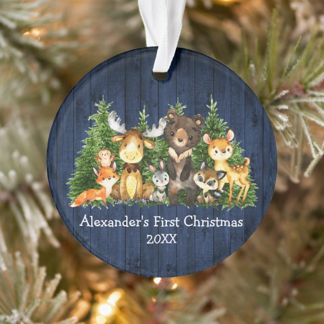 Baby First Christmas Blue Wood Forest Animals Ornament (Tree)
