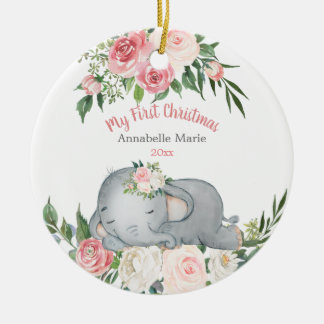 Baby First Christmas Blush Rose Elephant Ceramic Ornament