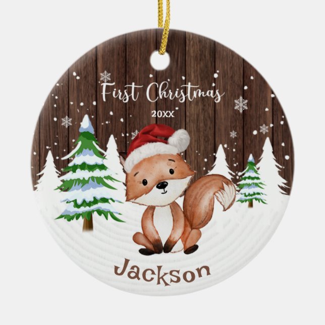 Baby First Christmas Boy's Fox Personalised Ceramic Ornament (Front)