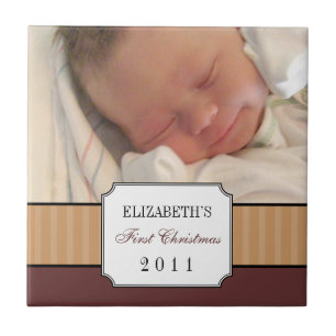Baby first christmas brown ribbon stripe keepsake tile