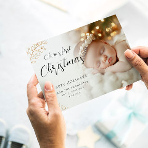 Baby First Christmas Calligraphy Leaves Photo Holiday Card