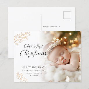 Baby First Christmas Calligraphy Leaves Photo Holiday Postcard