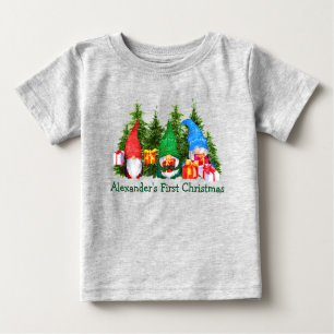 Baby First Christmas Christmas Gnomes Trees Grey Baby T-Shirt