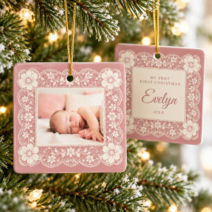 Baby First Christmas Cream Lace Dusty Rose Ceramic Ornament