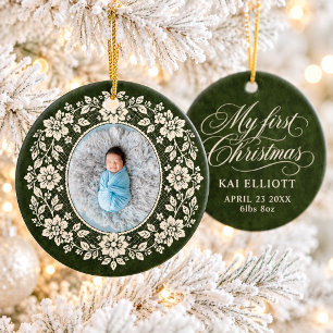Baby First Christmas Cream Lace Green Birth Stats Ceramic Ornament