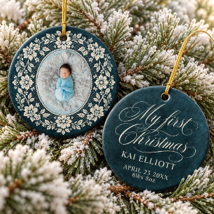 Baby First Christmas Cream Lace Navy Blue Ceramic Ornament