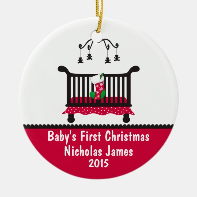 Baby First Christmas - Crib and Christmas Stocking Ceramic Tree Decoration (Front)