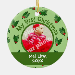 Baby First Christmas Custom Photo Christmas Holly Ceramic Ornament