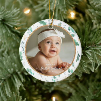 Baby First Christmas Custom Photo Watercolor Ceramic Ornament